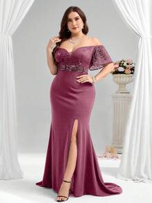 Coutiva 大码女士蕾丝亮片拼接露肩短袖侧开衩下摆奢华优雅正式晚礼服（缀饰繁复），情人节 - 藕粉色 - 查看 4