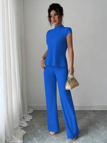 SHEIN Elenzya Set de 2 piezas de top de manga corta acanalado y pantalones elegantes y casuales - Azul - Ver 6