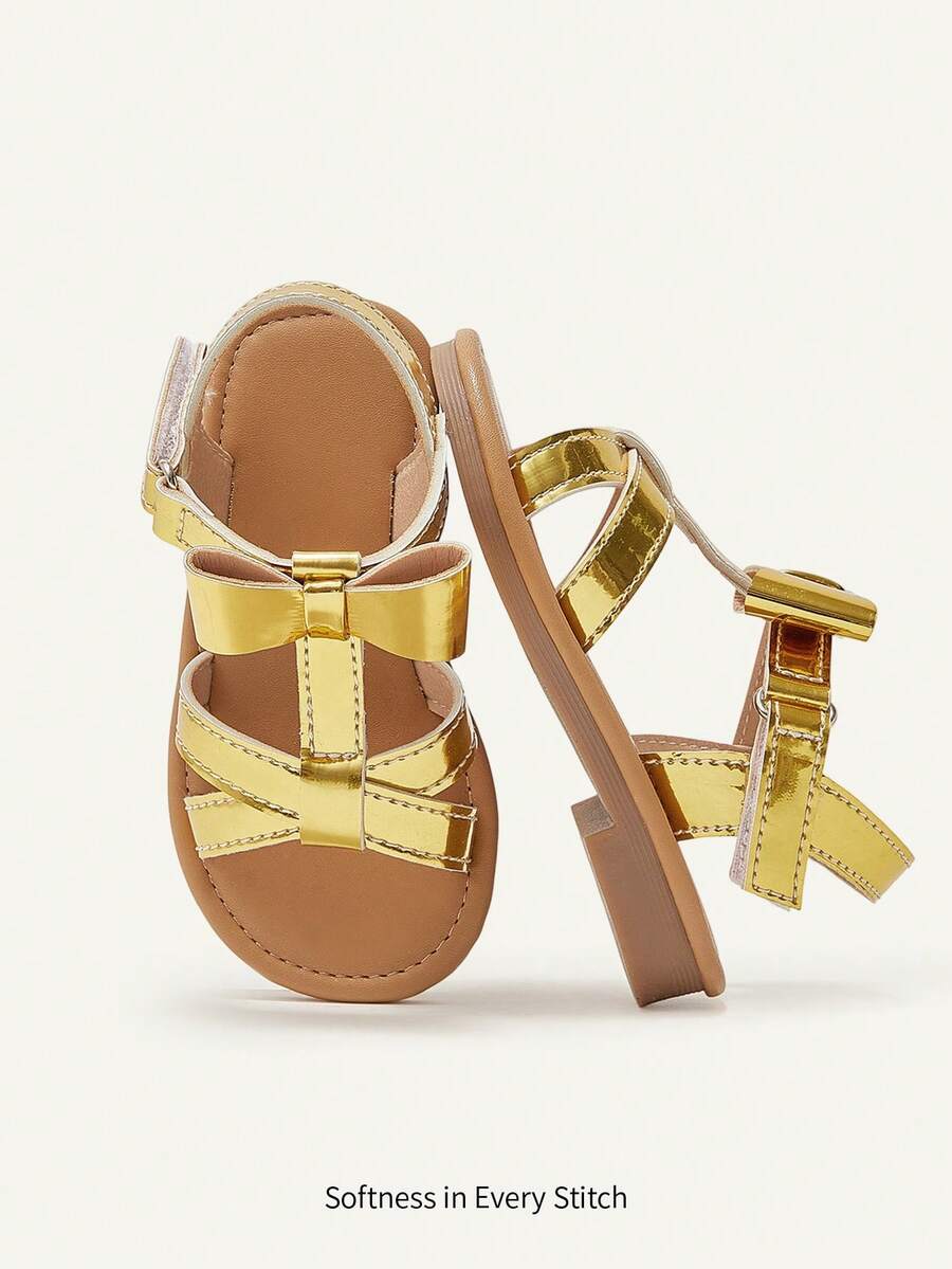 Cozy Pixies 1 Pair Summer Party & Casual Cute Big Bow Hook And Loop Princess Style Flat Sandals For Toddler Girls - Gold - View 1