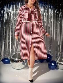 SHEIN LUNE 大码休闲通勤红白条纹开衫连衣裙，适合秋季、圣诞节等场合，优雅女士连衣裙，商务休闲女装，工作装，节日服装，圣诞礼服，派对服装，亮片派对女装，时尚日常穿着，办公室穿着，复古风格，日常休闲红色节日派对连衣裙 - 紅白色 - 查看 4