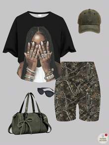 少女休闲简约个性化指纹纹身戒指，人像印花，朋克风格，短袖宽松T恤和打底裤两件套，适合夏季、户外活动和返校季 - 彩色 - 查看 2