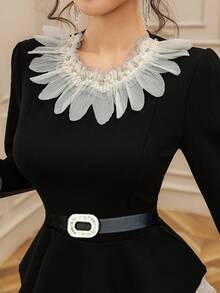 DAZY 2件套优雅法式花卉网纱拼接迷你连衣裙，女装 - 黑色 - 查看 8