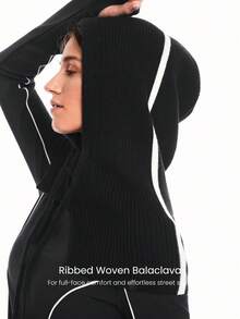 GLOWMODE Keep It Cozy 30% Wool Soft Warm Chill Ribbed Drawstrings Woven Balaclava Autumn Winter Daily Casual Wear - Black - View 5