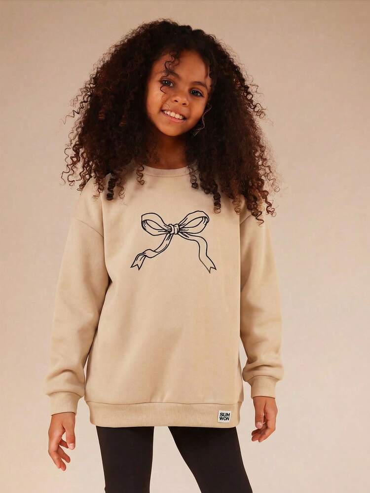 Ribbed Bow Print Crew Neck Sweatshirt