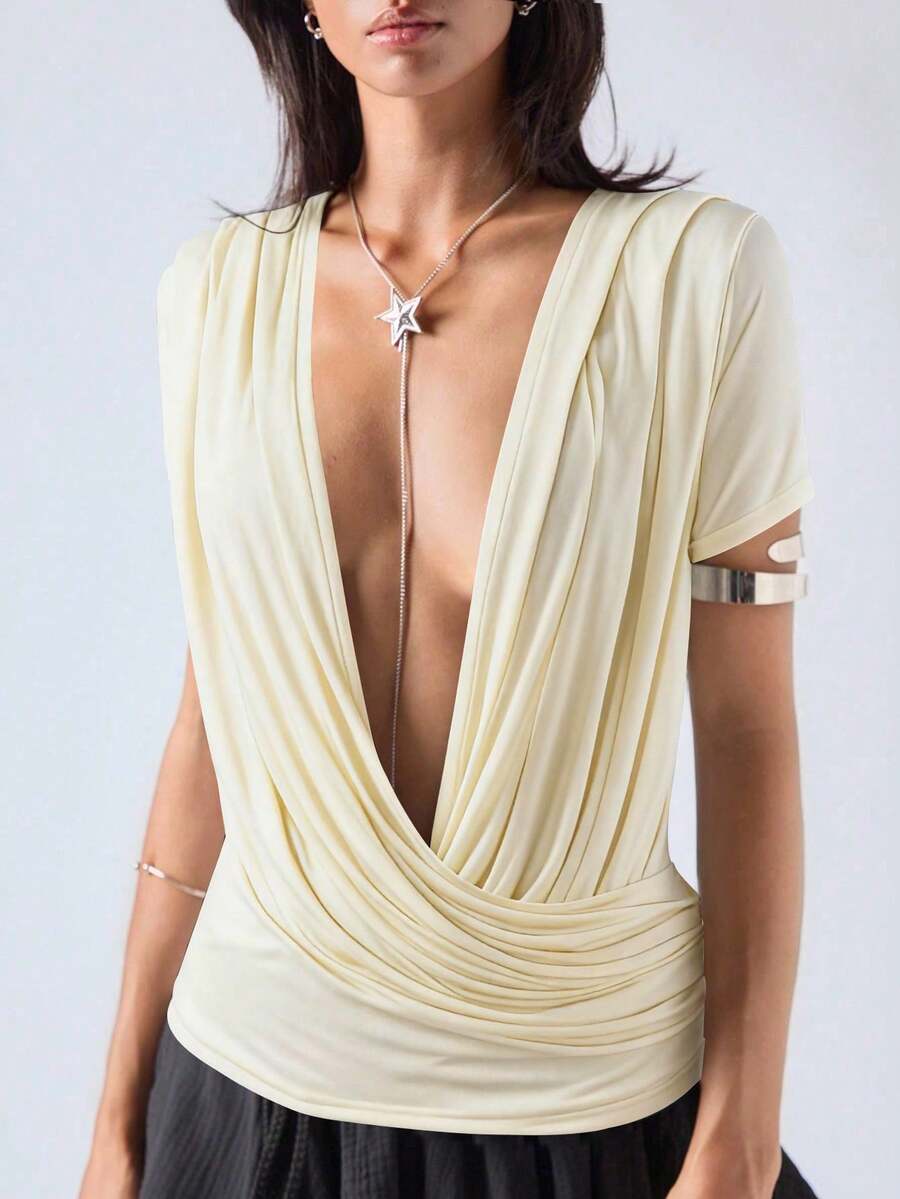 LYSMO قميص نسائي بياقة عميقة على شكل حرف V لون المشمش - لون مشمشي - مشاهدة 1