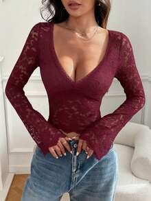 SHEIN EZwear Women's Deep V-Neck Flare Sleeve Lace Fitted Sexy Fashionable Blouse - Burgundy - View 1