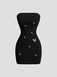 Sweetra Plus Size Women's New Vintage Romantic Metallic Knit Sexy Fitted Mini Dress, Decorated With Metallic Butterfly Buckle, Mini Dress, Black Dress, Vacation Dress, Party Dress, Beach Dress, Suitable For Spring And Summer