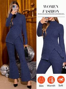 Amorya Women's Elegant Navy Blue Turtleneck Fitted Knit Top & Flare Leg Pants 2 Pieces Set,Autumn Casual Occasion Long Sleeve Knitted Lounge Sweater Suit - Navy Blue - View 9