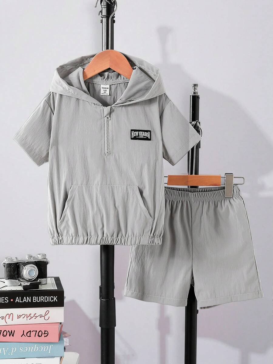 2件套男童休闲纯色拉链连帽短袖上衣和短裤套装，适合日常休闲、运动、上学、户外活动、春夏季节穿着。 - 橄欖綠 - 查看 1