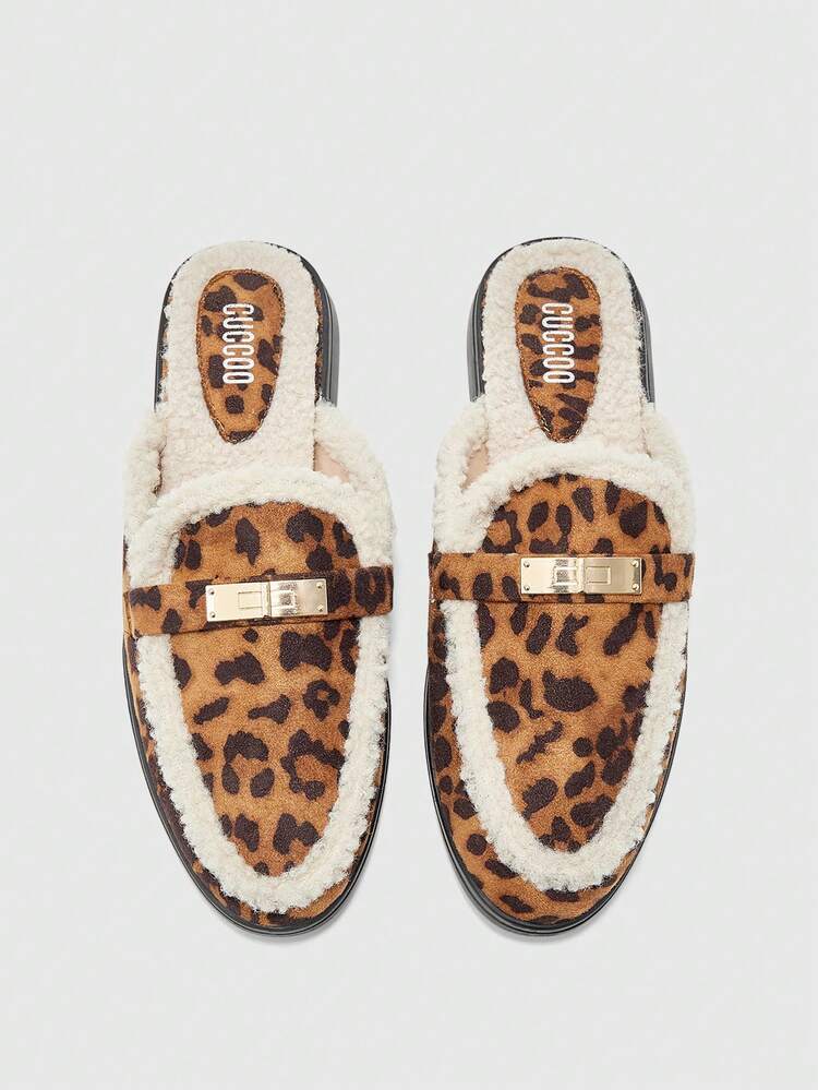 CUCCOO BIZCHIC Women's Fashion Leopard Print Suede Metal Buckle Comfortable Thick Faux Fur Slip-On Mules, Casual Flat Loafers Suitable For Outdoor, Work, Daily Wear For Christmas