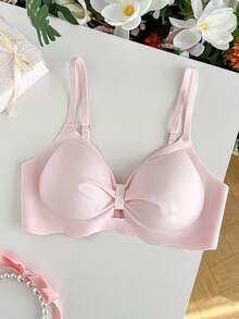 1pc Women's Seamless Wireless Lace Trim Bra, Comfortable Cute Everyday Bra With Removable Pads - Pink - View 3