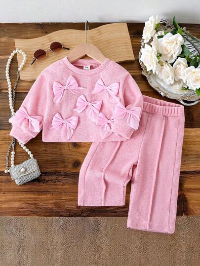 SHEIN Baby Girls 0-3 Years Old Apricot Sweet Bow Decor Cute Elegant Round Neck Long Sleeve Sweater With Apricot Knitted Pants Set, Suitable For Outings, Casual, Birthday Party