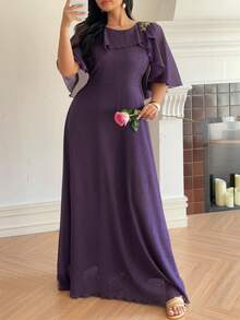 Dazy Plus Elegant Purple Long Chiffon & Contrast Lace Cinched Waist Dress, Shawl Collar, Spring/Summer - Violet Purple - View 2