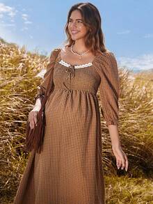 Boho Mama Quần áo bà bầu, Váy bầu, Quần áo bà bầu, Váy xanh đi nghỉ mát, Trang phục đi nghỉ mát cho nữ, Váy mùa hè, Váy kaki kẻ caro cho bà bầu, Váy bầu kẻ caro thắt nơ phía trước, Phần cổ áo có viền ren, Thiết kế rộng rãi, xếp ly đảm bảo sự thoải mái mà không gây cảm giác gò bó. - màu nâu - Xem 7