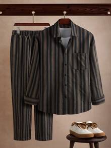 Core Aspect Casual Modern Men's Multicolor Striped Long Sleeve Regular Length Co-Ord Set With Collared Shirt And Pants - Multicolor - View 1