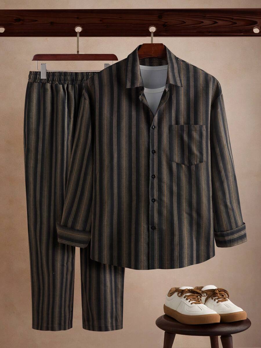 Core Aspect Casual Modern Men's Multicolor Striped Long Sleeve Regular Length Co-Ord Set With Collared Shirt And Pants - Multicolor - View 1