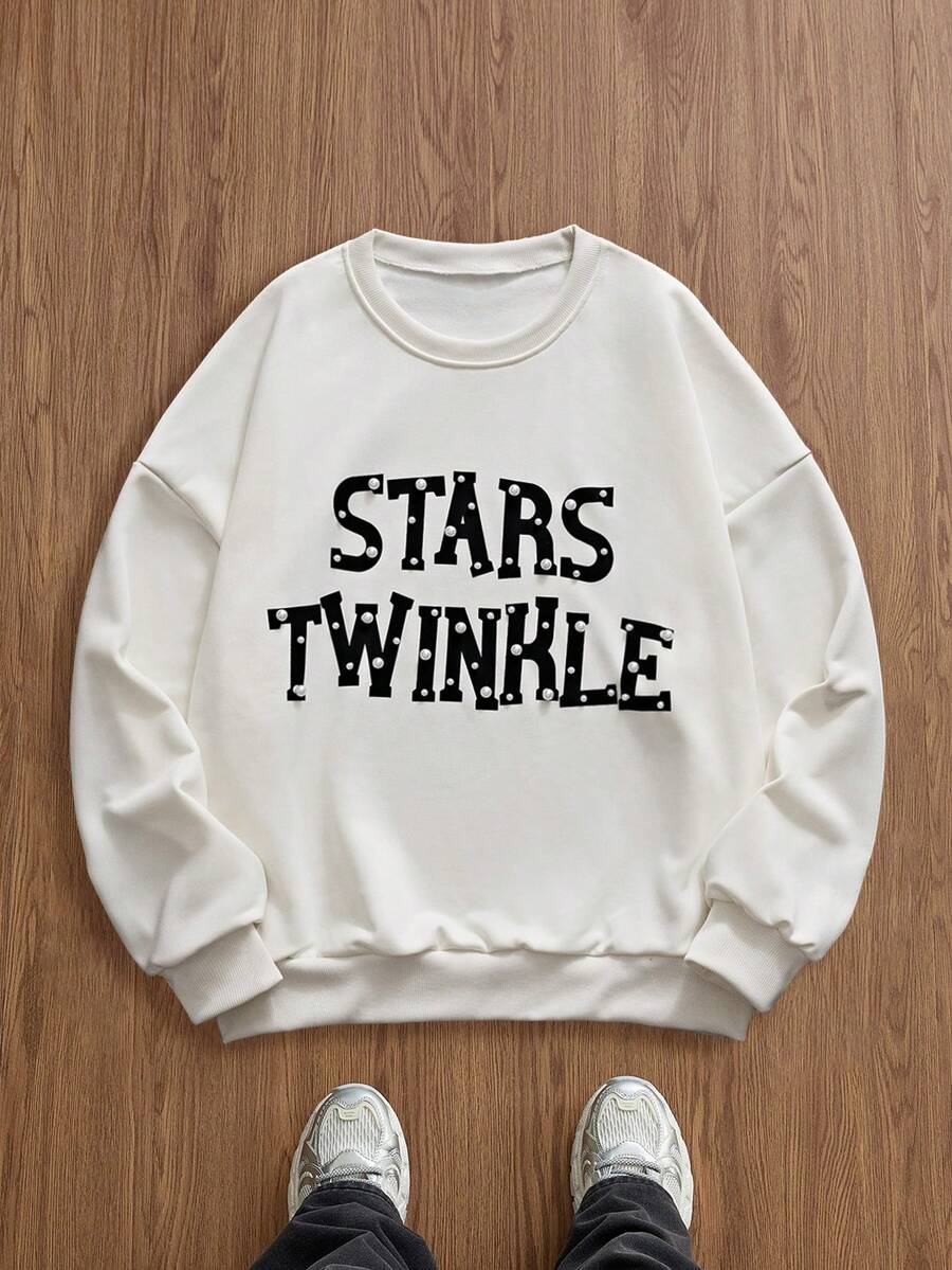 SWAVVY Sweatshirt Pullover Kasual Pria dengan Cetakan Huruf dan Dekorasi Kancing, Autumn Things Twilight - Aprikot - View 1