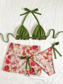 Soleia Plus Size Women Floral Print Contrast Green Bikini 3 Pieces Set - Multicolor - View 2