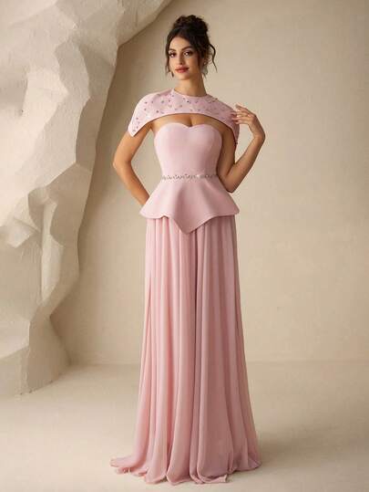 Coutiva 女士水钻装饰披肩无肩带荷叶边下摆优雅奢华晚礼服