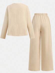 SHEIN Girlism 青少年女孩两件套休闲装 - 宽松圆领针织上衣，带有图案印花和宽松短裤，适合日常穿着、返校、假期、家庭户外活动、春季野餐和各种场合