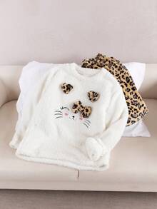 女童珊瑚绒睡衣，卡通可爱猫咪印花，长袖，厚实舒适，适合学生、居家穿着或外穿，秋冬季款 - 白色 - 查看 5