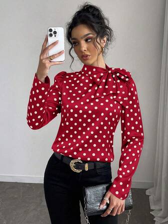 Rafferiza 女士波点印花优雅系领泡泡袖衬衫