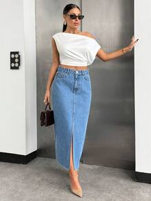 EURMUSE High Waist Front Slit Detailed Denim Skirt - Medium Wash - View 8