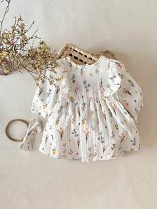 SHEIN 1pc Newborn Baby Girls' Round Neck Ruffle Trim Long Sleeve Soft Fabric Printed Cute Casual Dress/Skirt, Suitable For Spring/Summer Outings, Travel And Vacation - Apricot - View 1