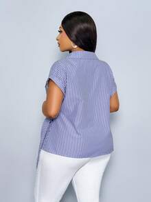 SOLERSUN 女士条纹印花纽扣衬衫，休闲优雅条纹印花系带前襟衬衫 - 寶藍色 - 查看 3