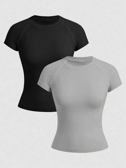 Easithlete 女士简约纯色透气舒适圆领无缝插肩袖运动T恤，夏季