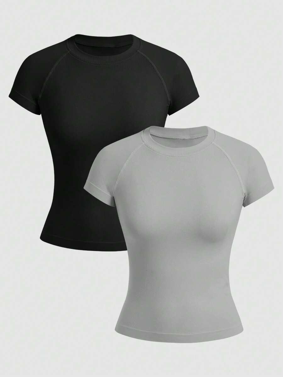 Velisys Velisys Kaos Olahraga Wanita Minimalis Warna Polos Bernapas Nyaman Kerah Bulat Lengan Raglan Tanpa Jahitan, Musim Panas - MultiWarna - View 1