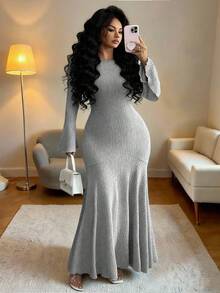 Elenzga 大码女士优雅纯色罗纹针织荷叶边喇叭袖修身中长连衣裙，春秋季 - 灰色 - 查看 1