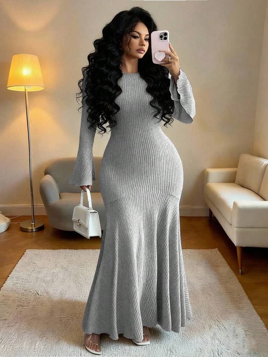 Elenzga 大码女士优雅纯色罗纹针织荷叶边喇叭袖修身中长连衣裙，春秋季 - 灰色 - 查看 1