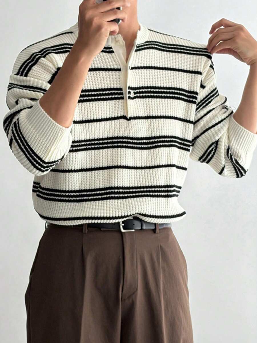 DAZY 男士黑白条纹圆领半拉链毛衣，秋冬款 - 彩色 - 查看 1
