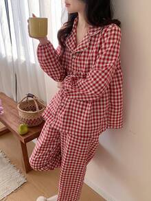 Teen GirlSimple & Elegant Red Plaid Long Sleeve Top And Pants Casual Comfortable 2 Pieces Pajama Set Valentine's Day Pajamas Women Set Red Pj Set Women
