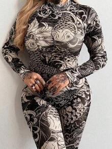 Whyspr 大码女式网纱印花优雅复古朋克哥特风连体裤，大胆前卫高领长袖修身派对Y2K印花紧身裤高弹力，音乐节服装，派对及节日服饰 - 彩色 - 查看 6