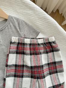 男婴休闲可爱针织灰色上衣和格子松紧腰裤家居服套装 - 灰色 - 查看 7