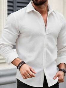 Manfinity CasualCool Men's Solid Color Single-Breasted Casual/Business Long Sleeve Shirt White Men Shirt Men Textured Shirt Men Fashion Shirt White Shirt For Men White Textured Shirt Men's White Long-Sleeved Casual Textured Button-Down Shirt - Unique Texture And Pattern Design Of The Fabric - Comfortable Fabric - Suitable For Winter, Summer, Autumn And Winter Wear - Suitable For Various Casual And Festive Occasions - The Best Gift To Give To Family And Friends On Halloween And Other Festivals - White - View 3