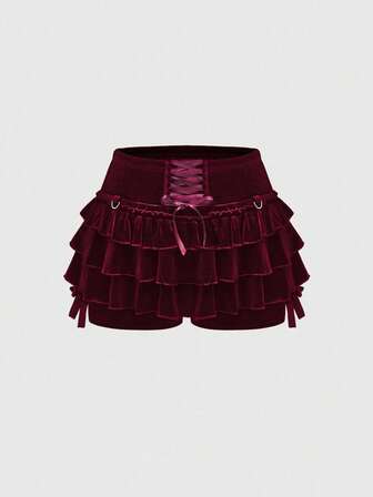 Goth Pantalones cortos con volantes de terciopelo retro oscuro, con lazo delantero y antideslumbrante para mujeres