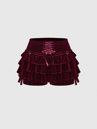 Goth Dark Retro Velvet Ruffle Hem Front Tie Bow Shorts For Women, Anti-Flashing