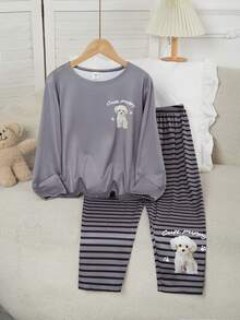 2pcs/Set Tween GirlsPlaid Pants & English Letter Print Long Sleeve Casual Homewear Set Grey Pajama Set Tween Girls Pajamas-Pajama Set Gray Striped Puppy Print Round Neck Long Sleeve Top With Pants Stylish Playful Design Comfortable Loungewear Four Season Sleepwear 2026 New Year Essential - Grey - View 6