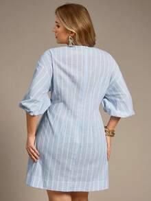 Auralis 大码女式白色连衣裙，中袖连衣裙，度假装扮，休闲连衣裙，端庄连衣裙，迷你裙，外出连衣裙，可爱连衣裙 - 藍白色 - 查看 5