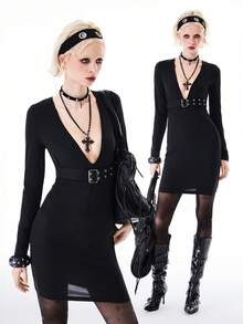 Bloopia 女士针织长袖V领系带修身迷你连衣裙 - 黑色 - 查看 1