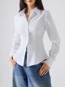 LYSMO 纯色长袖衬衫，长袖上衣 - 白色 - 查看 3