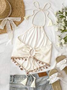 Travachic Women's Vacation Shell Trim Asymmetric Hem Halter Top, Spring Summer Vacation Outfits, Elegant Outfits For Party, Luxury Evening Outfits For Weddings, Graduation Outfits, Ceremony Outfits, Bridesmaid Outfits, Beach Vacation, Boho - White - View 2