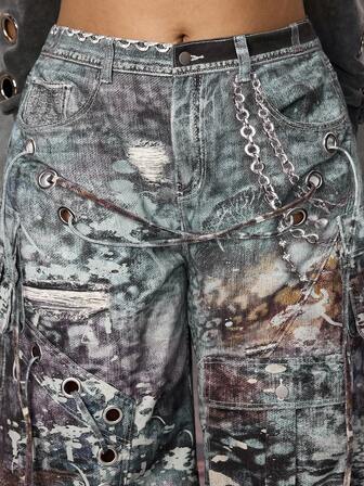 Grunge Punk Pantaloncini di jeans larghi e molto consumati con stampa stile punk di taglia grande per donne
