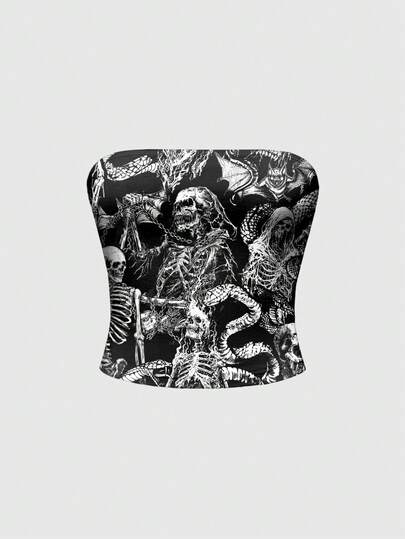 Gothic Dark Horror Skelett, Schlange, Motte, Fledermaus, schwarze Rankenpflanze Crop Top für Frauen