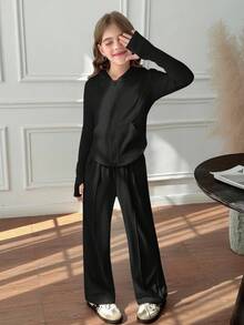 Tween Girls 2pcs Solid Drawstring Hoodie Top And Wide Leg Pants Set, Casual For Spring/Autumn, Daily Wear - Black - View 5