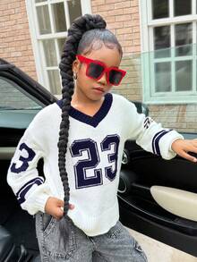 SHEIN Tween Girl Casual White Autumn School Back-To-School V-Neck Loose Knit Sweater,Comfortable Numeric Pattern Collegiate Style Mommy And Me Matching - Navy Blue - View 9