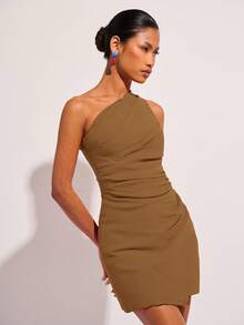 COSMINA Women's Solid Color Sleeveless Ruched Mini Dress, Brown Dress, Brown Wedding Guest Dress, Earth Tone Dress - Brown - View 6